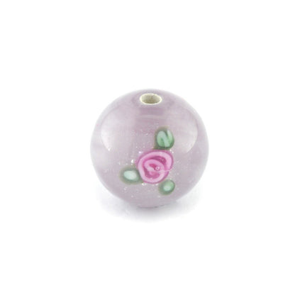 10mm round Czech lampwork lilac glass flower bead