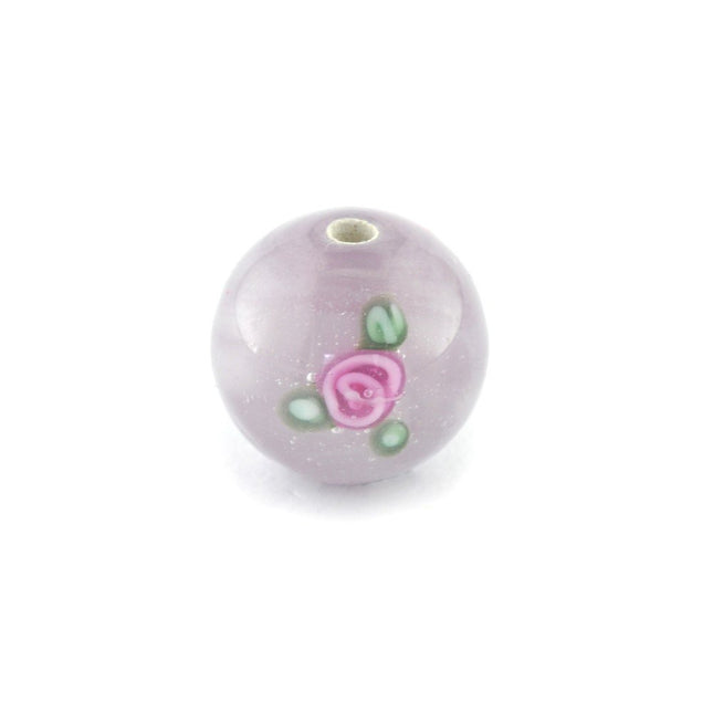 10mm round Czech lampwork lilac glass flower bead