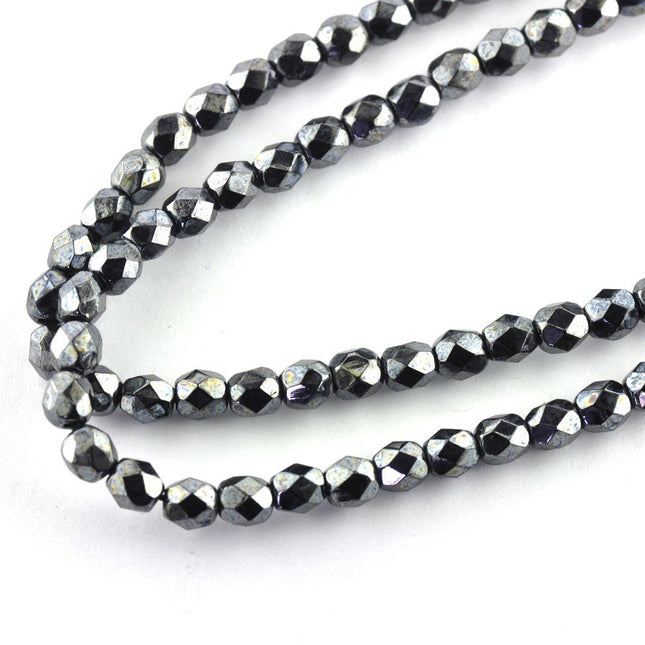 4mm czech glass faceted beads heamatite effect