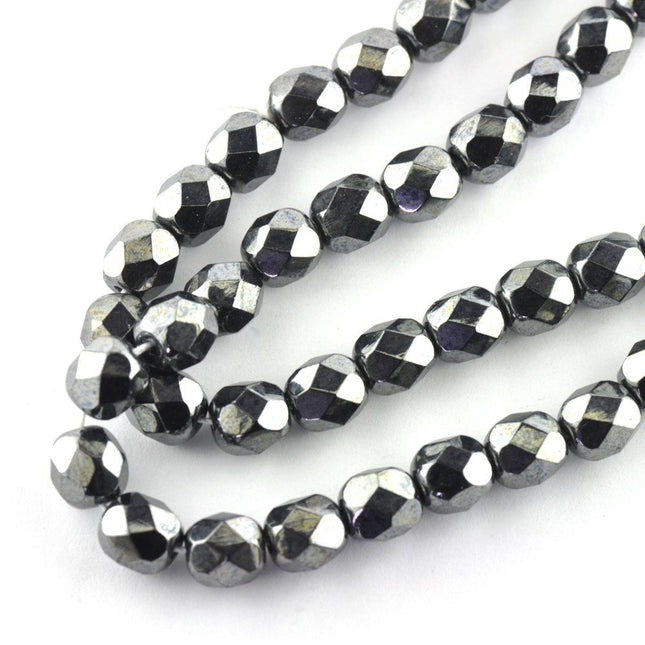 6mm czech glass faceted beads jet heamatite