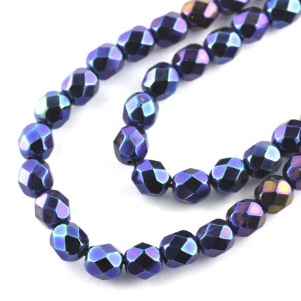 6mm iridescent blue faceted czech glass beads