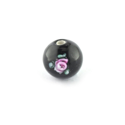 8mm czech lampwork glass round black flower bead