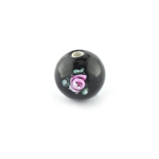 8mm czech lampwork glass round black flower bead