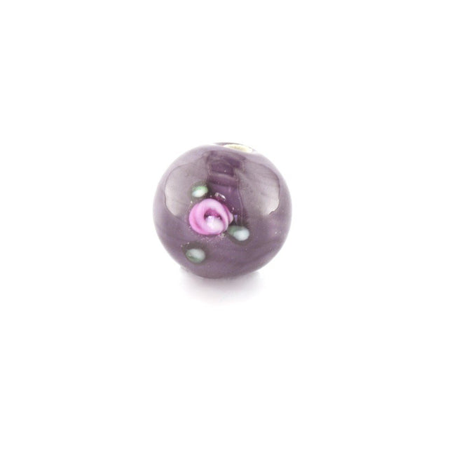 8mm purple round lampwork flower glass bead