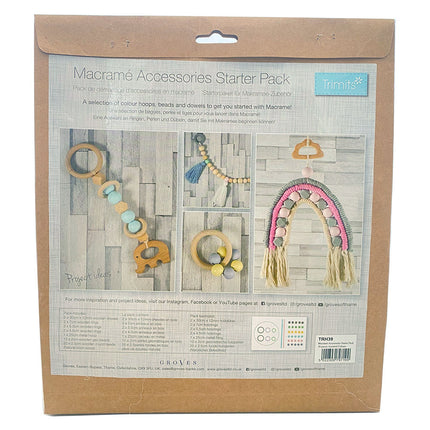 Trimits 39 Piece Assorted Colour Wooden Macrame Accessory Pack back of packet