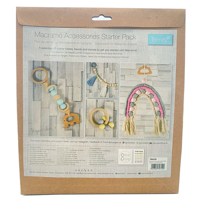 Trimits 39 Piece Assorted Colour Wooden Macrame Accessory Pack back of packet