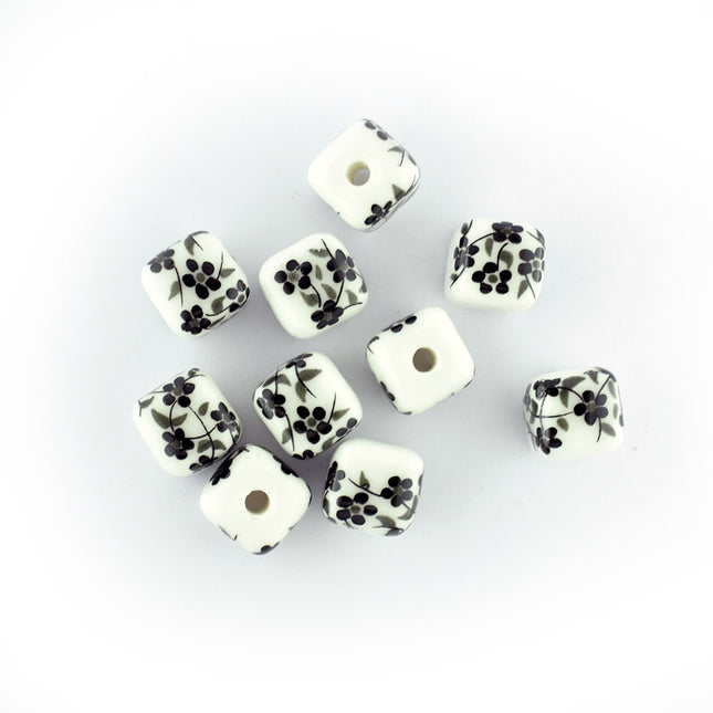 Floral Black Ceramic Cube Beads - 10