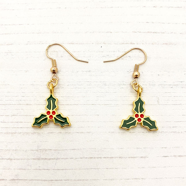 Enamel holly charm gold earrings