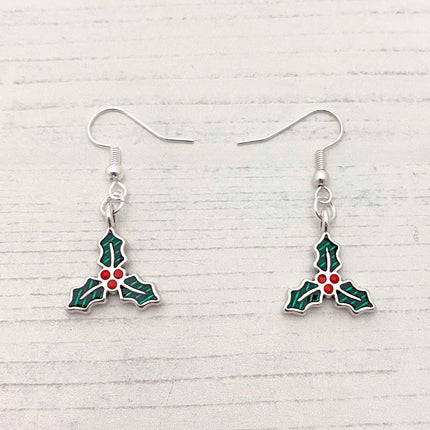 Enamel holly charm silver earrings