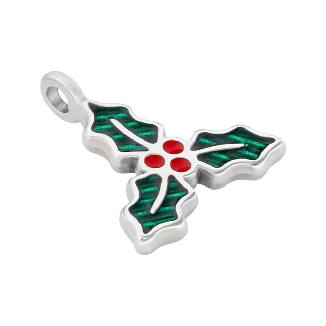 enemalled holly leaf charm silver plated