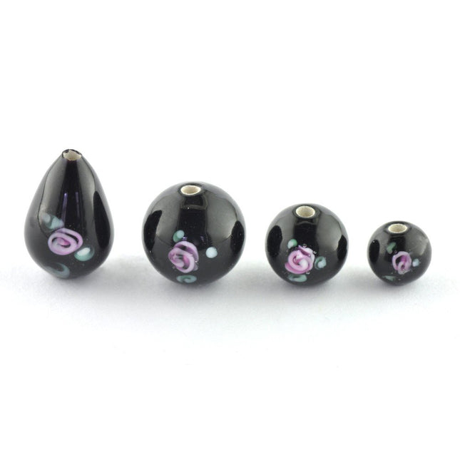 6mm Czech Lampwork Glass Flower Bead Black