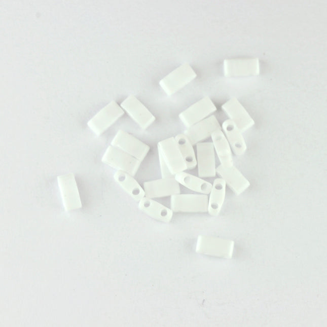 Opaque White Miyuki Half Tila beads close up