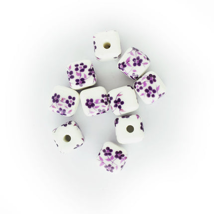 Purple Floral glazed ceramic cube beads